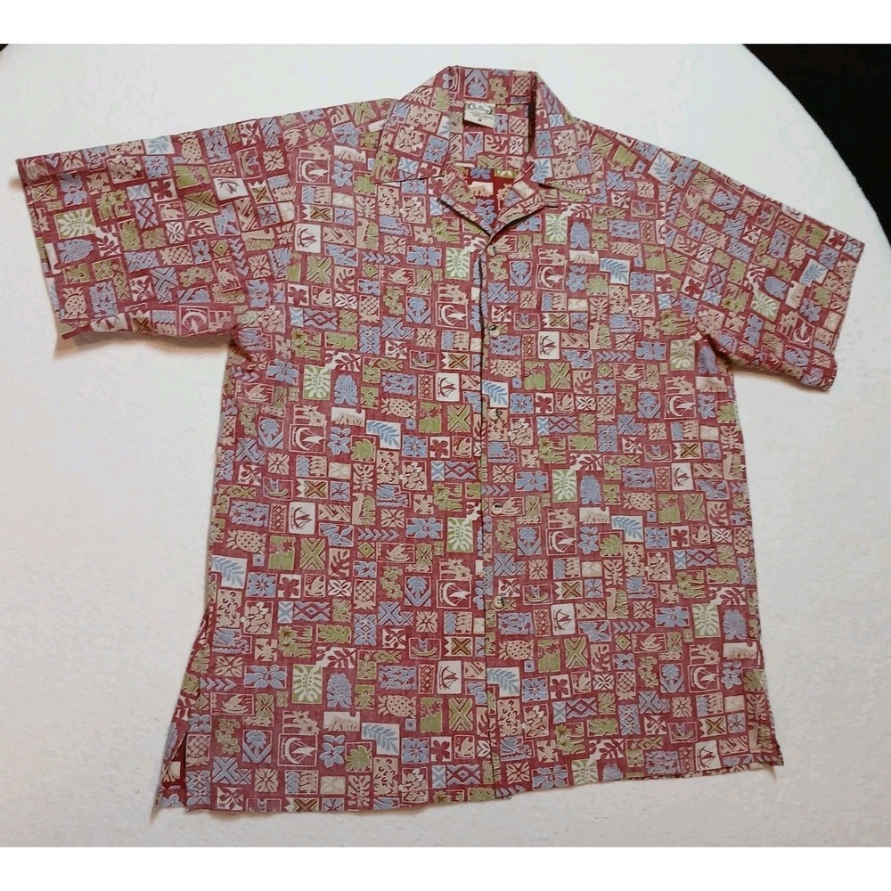 Go Barefoot Hawaiian Shirt Mens M Hawaii Blocks Reverse Print Red Aloha Made USA